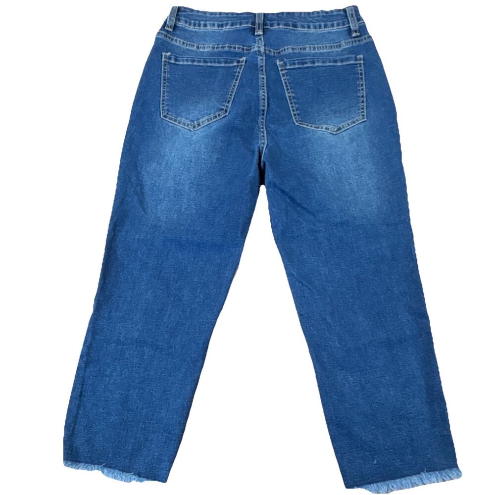 luvamia Distressed Frayed Hem Blue Denim Jeans Women Button Zip Stretch - Picture 2 of 6
